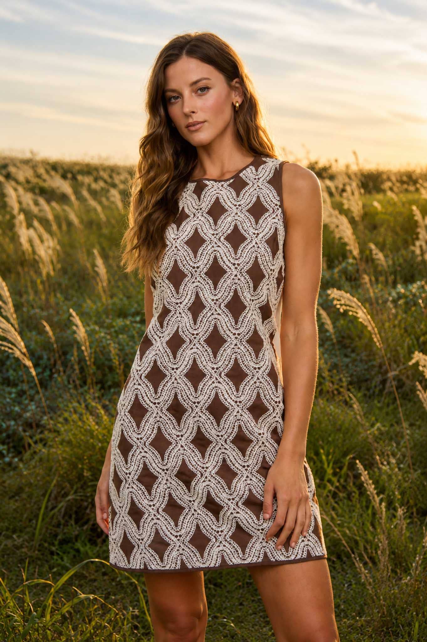 Chocolate Brown Geometric Textured Mini Dress