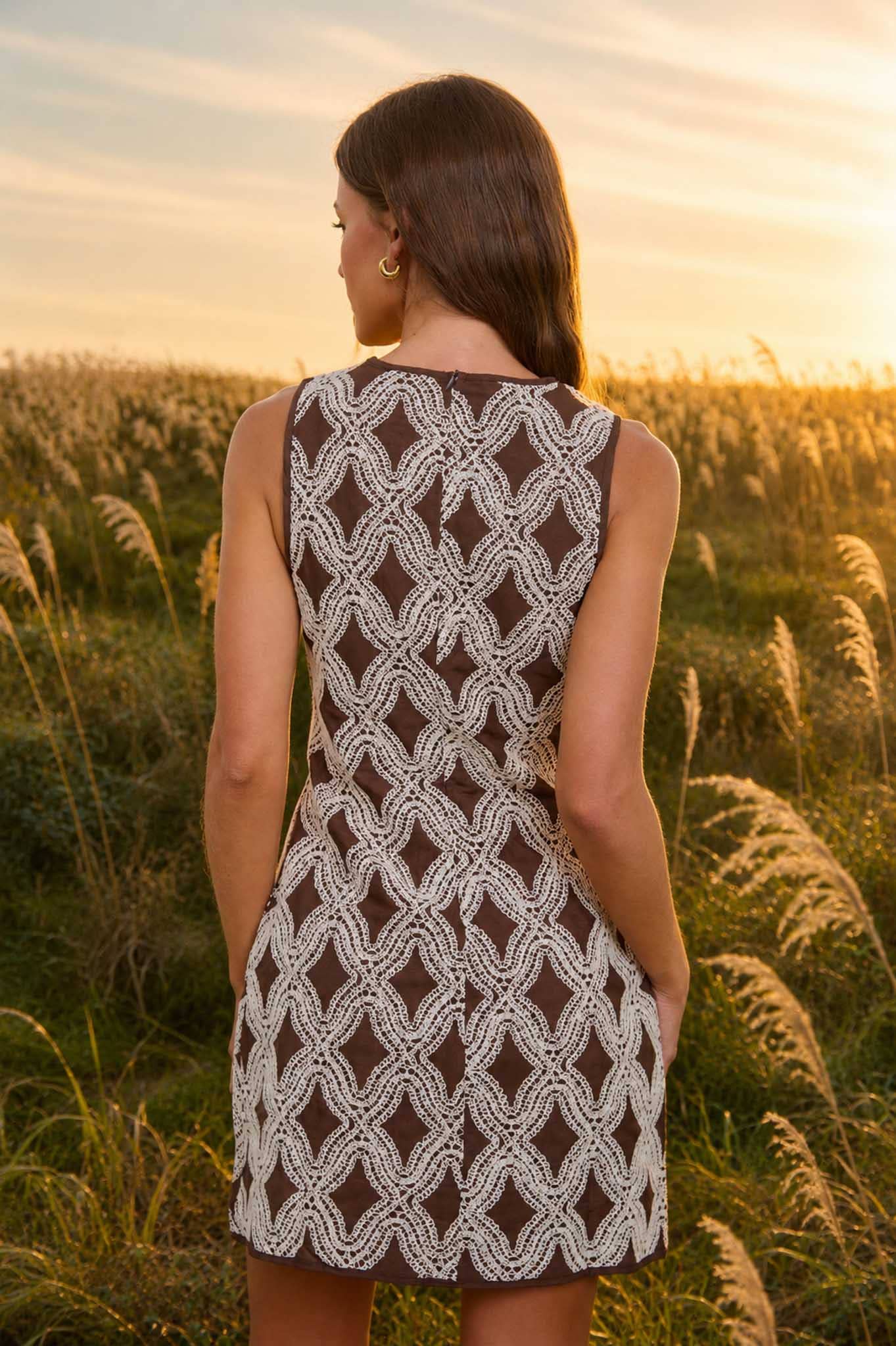 Chocolate Brown Geometric Textured Mini Dress