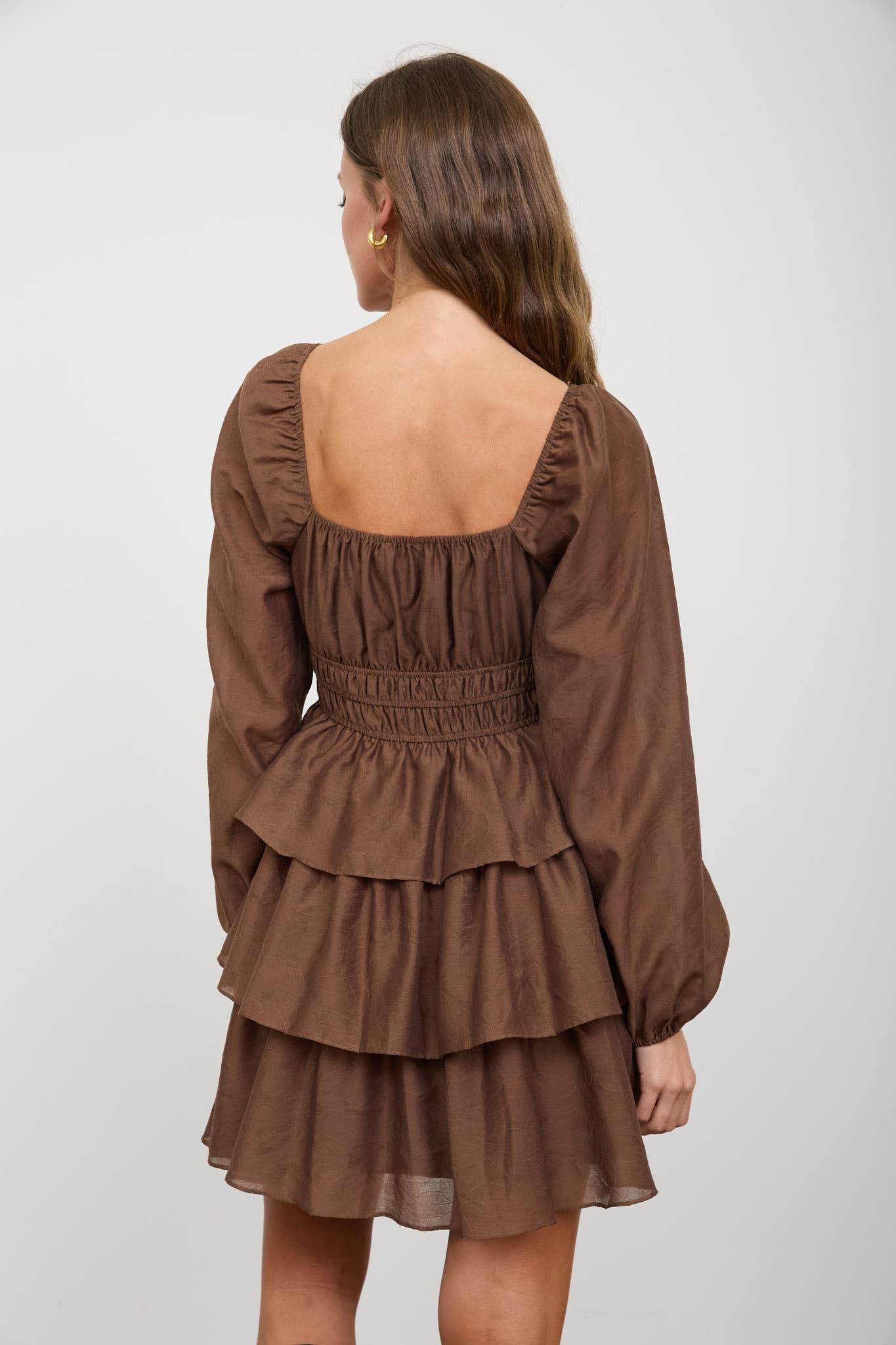 Mocha Smocked Bishop Sleeve Tiered Mini Dress