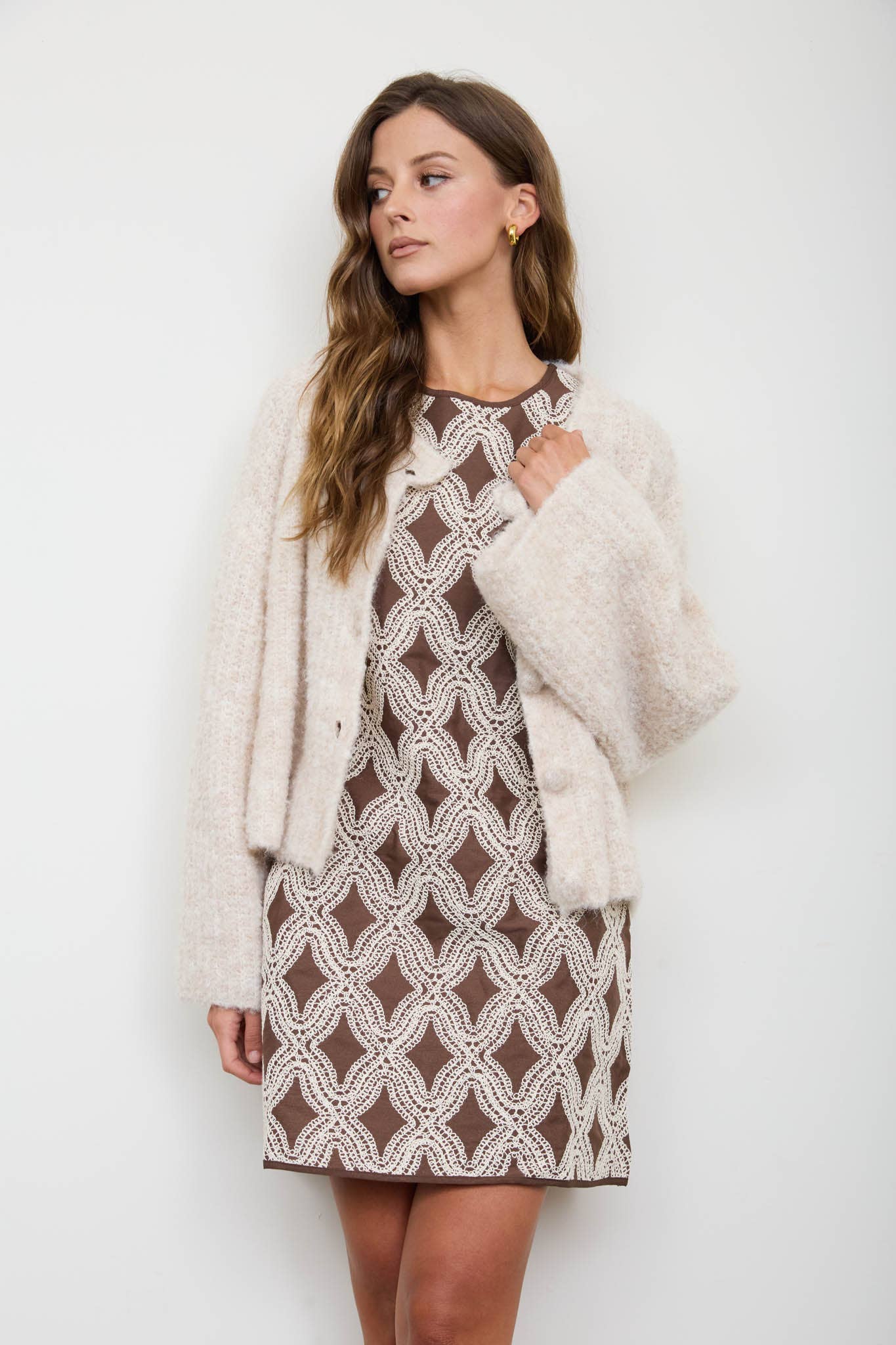Chocolate Brown Geometric Textured Mini Dress