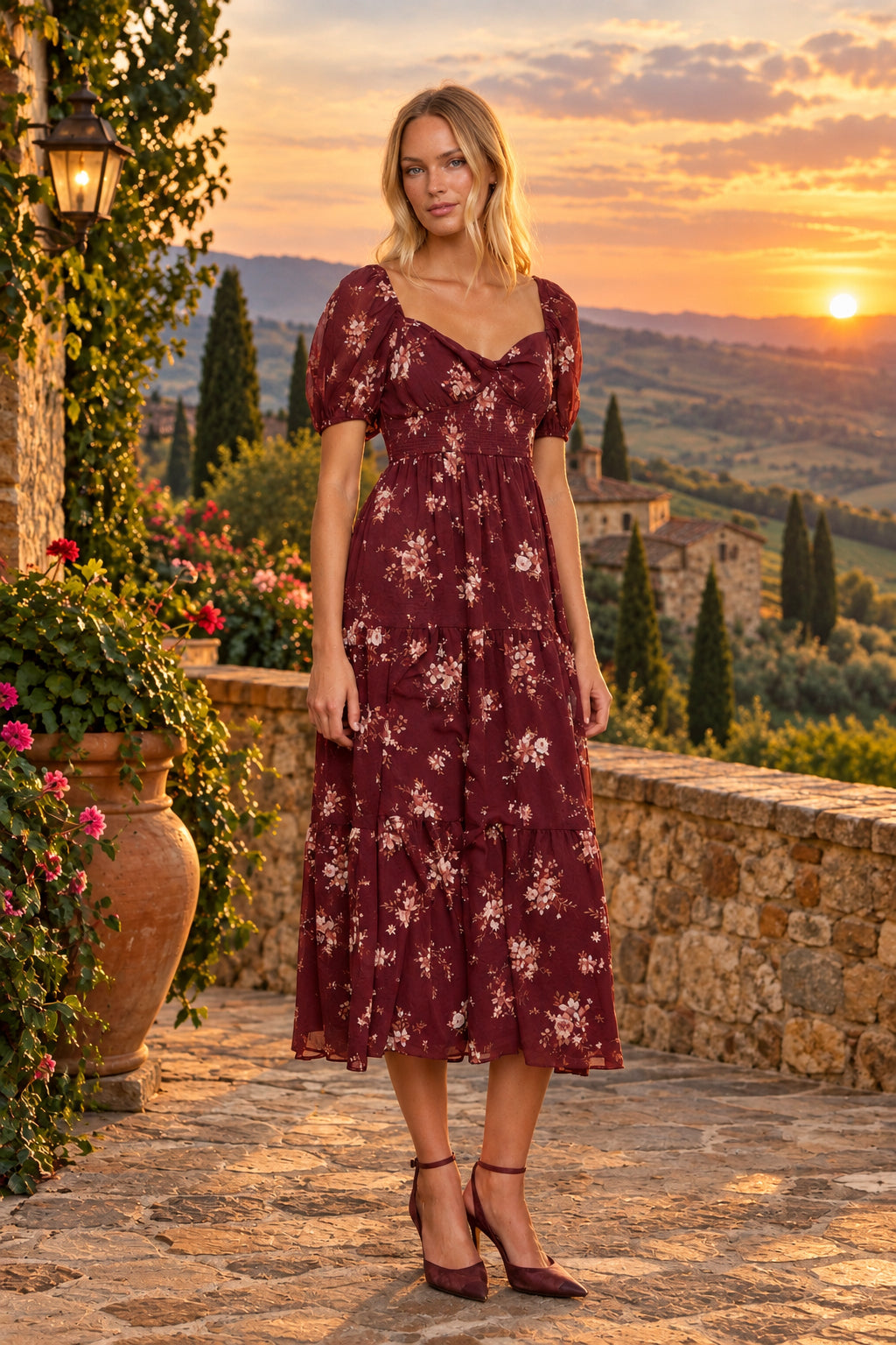 Sweetheart Floral Smocked Midi Dress