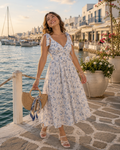 Blue Floral Midi Dress With A Ruched Bodice