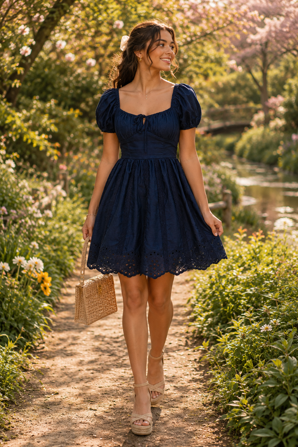Darling Blue Embroidered Puff Sleeve Mini Dress