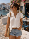 Line lace trim split neck ruffle sleeve top
