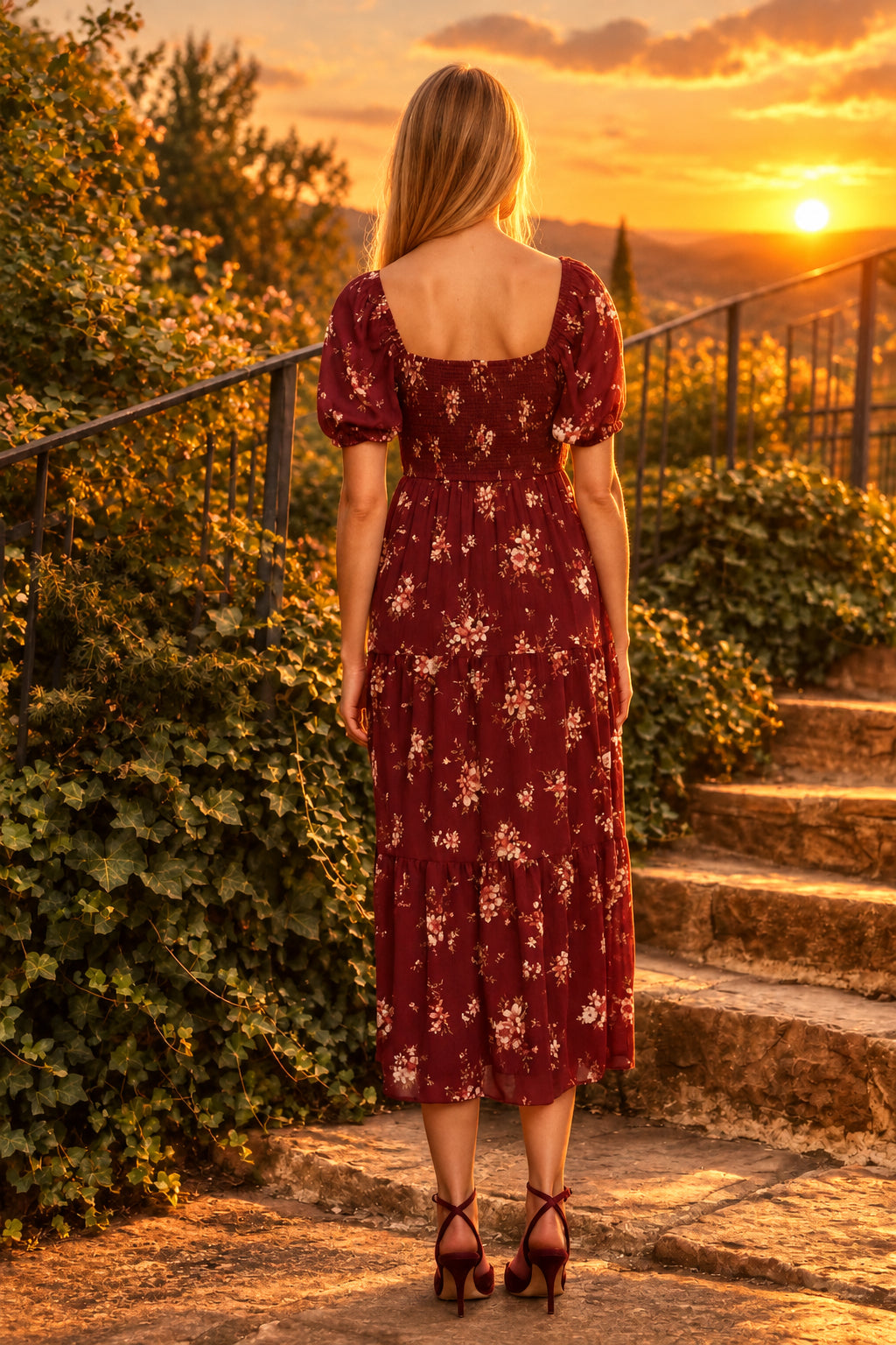 Sweetheart Floral Smocked Midi Dress