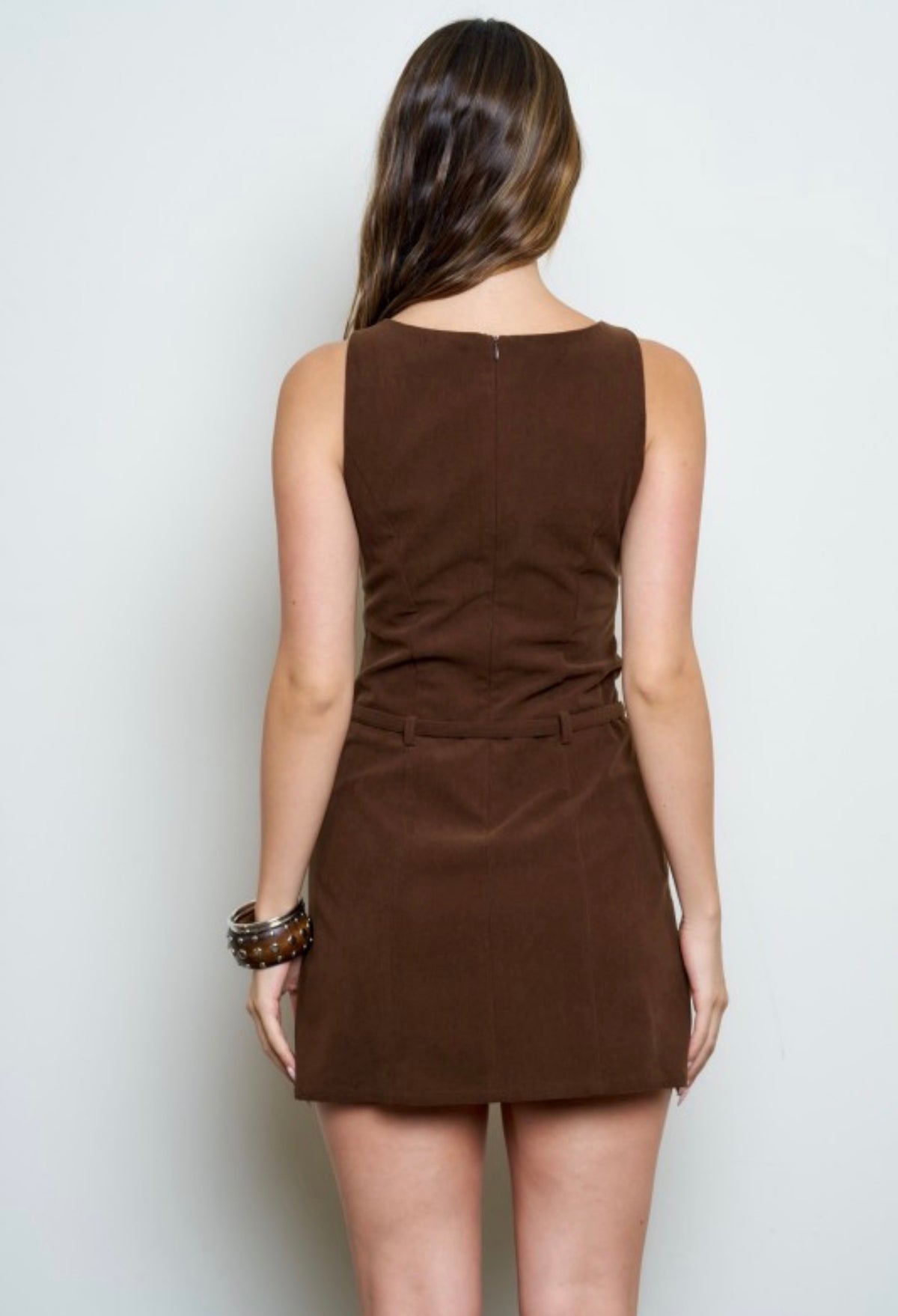 Suede Round Neck Sleeveless Belted Mini Dress