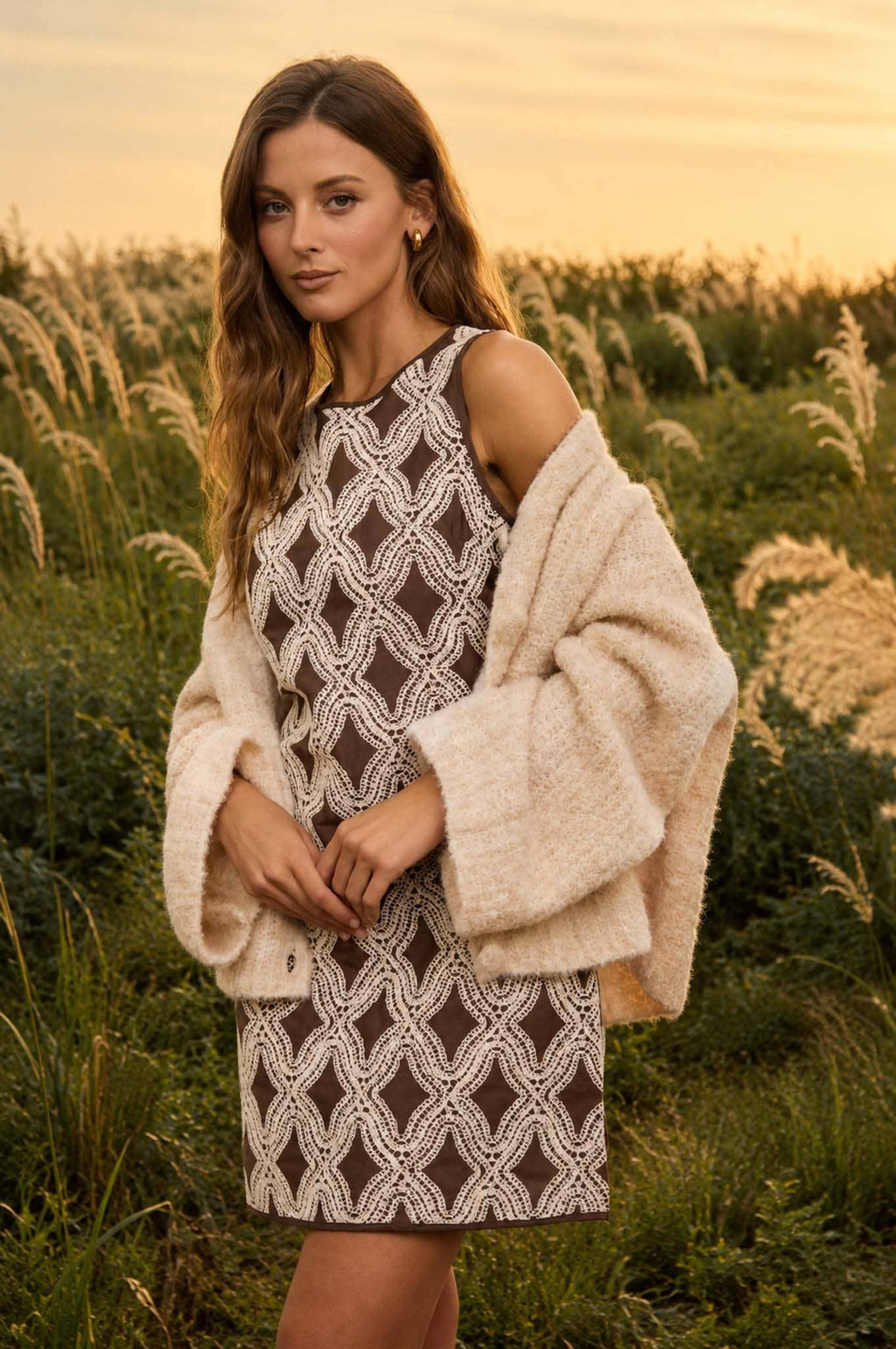 Chocolate Brown Geometric Textured Mini Dress