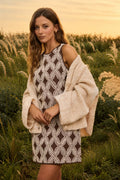 Chocolate Brown Geometric Textured Mini Dress