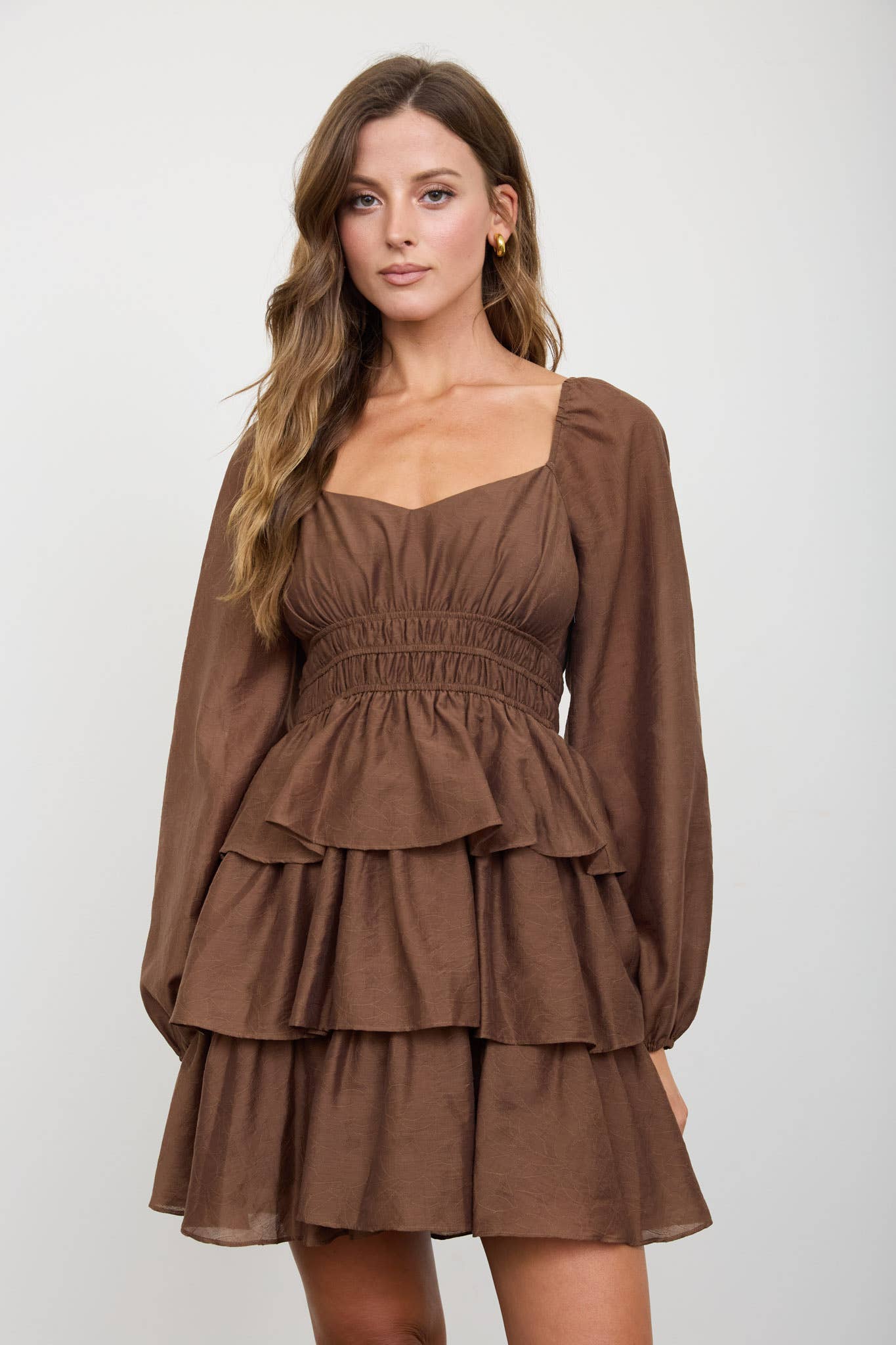 Mocha Smocked Bishop Sleeve Tiered Mini Dress