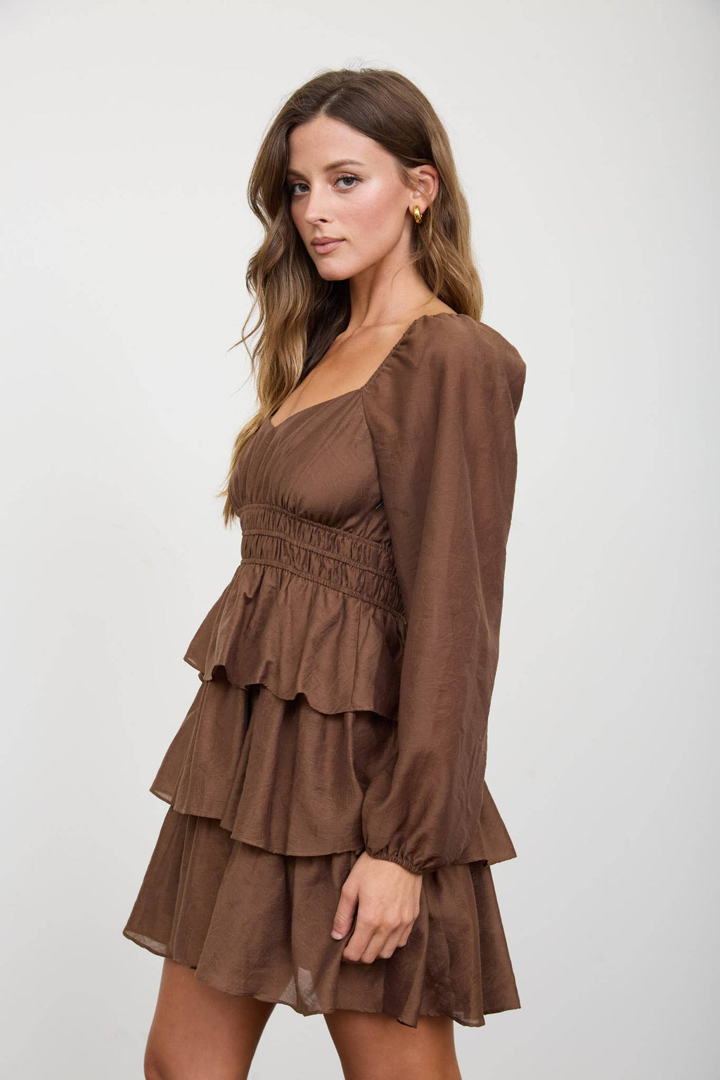 Mocha Smocked Bishop Sleeve Tiered Mini Dress