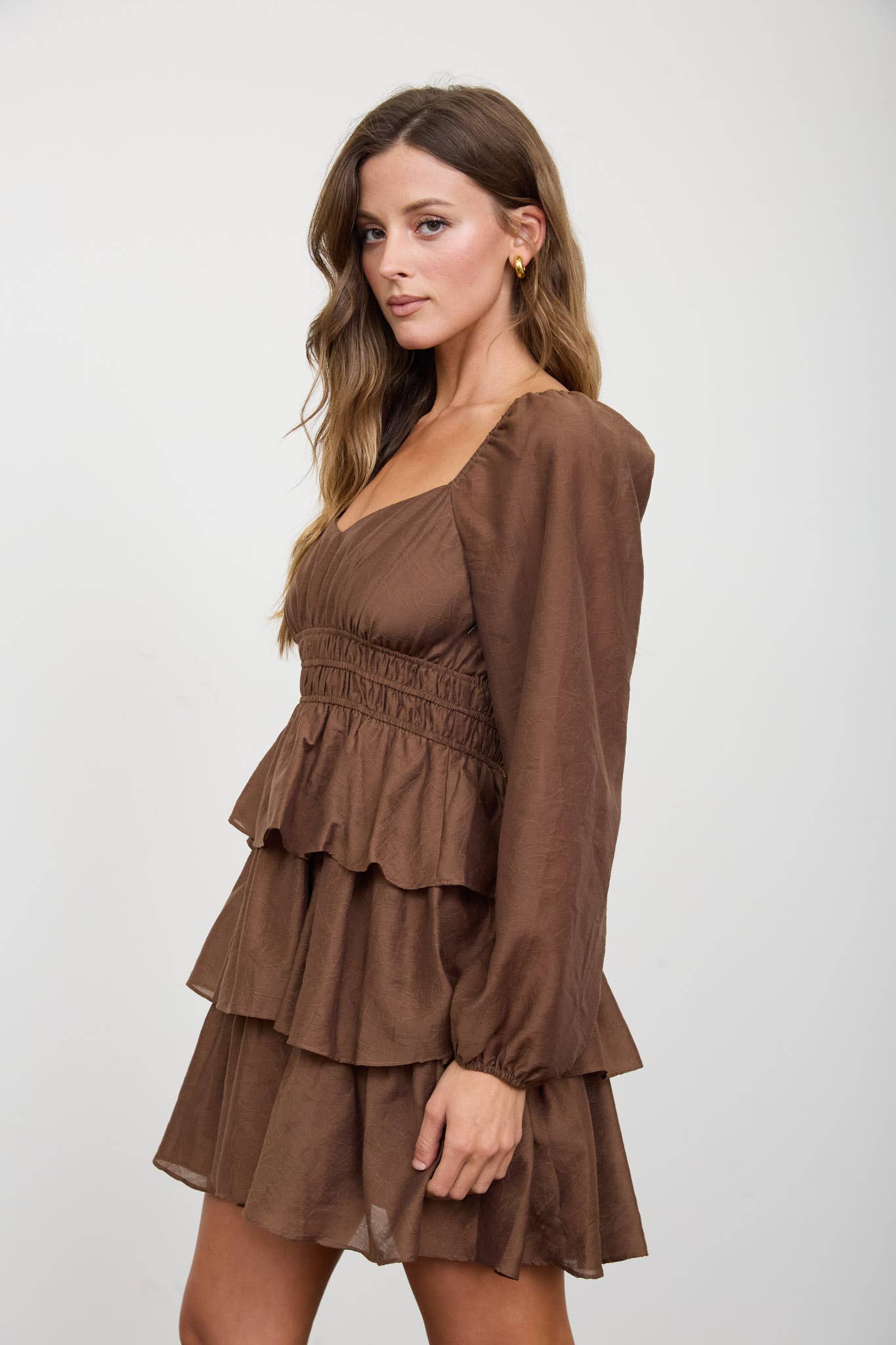 Mocha Smocked Bishop Sleeve Tiered Mini Dress
